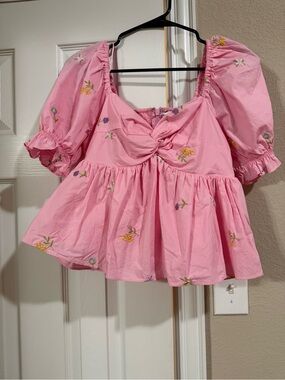 Pink Floral Embroidered Puff Sleeve Babydoll Top
